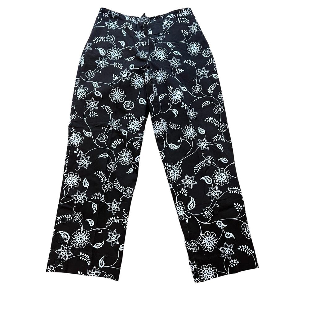 Ann Taylor LOFT Black White Floral Crop Pants Button Hem Stretch Size 2 Earthy
